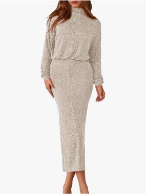 Neutral Ribbed Knit Turtleneck Midi Dress - Beige